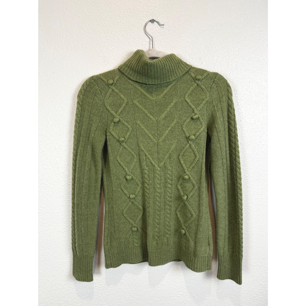 Saks Fifth Avenue Sweater Womens XS Green Cashmere Turtleneck Cable Knit Bobble